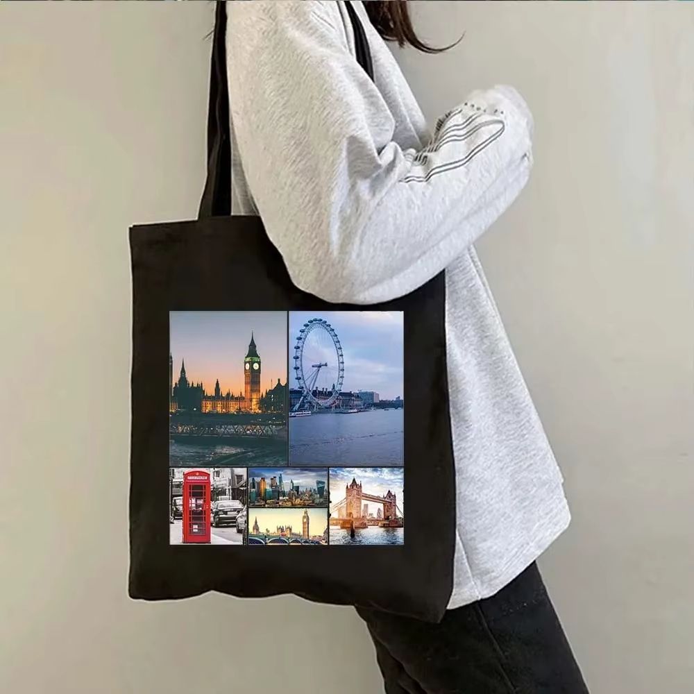 Tote bag noir collage photo Londres