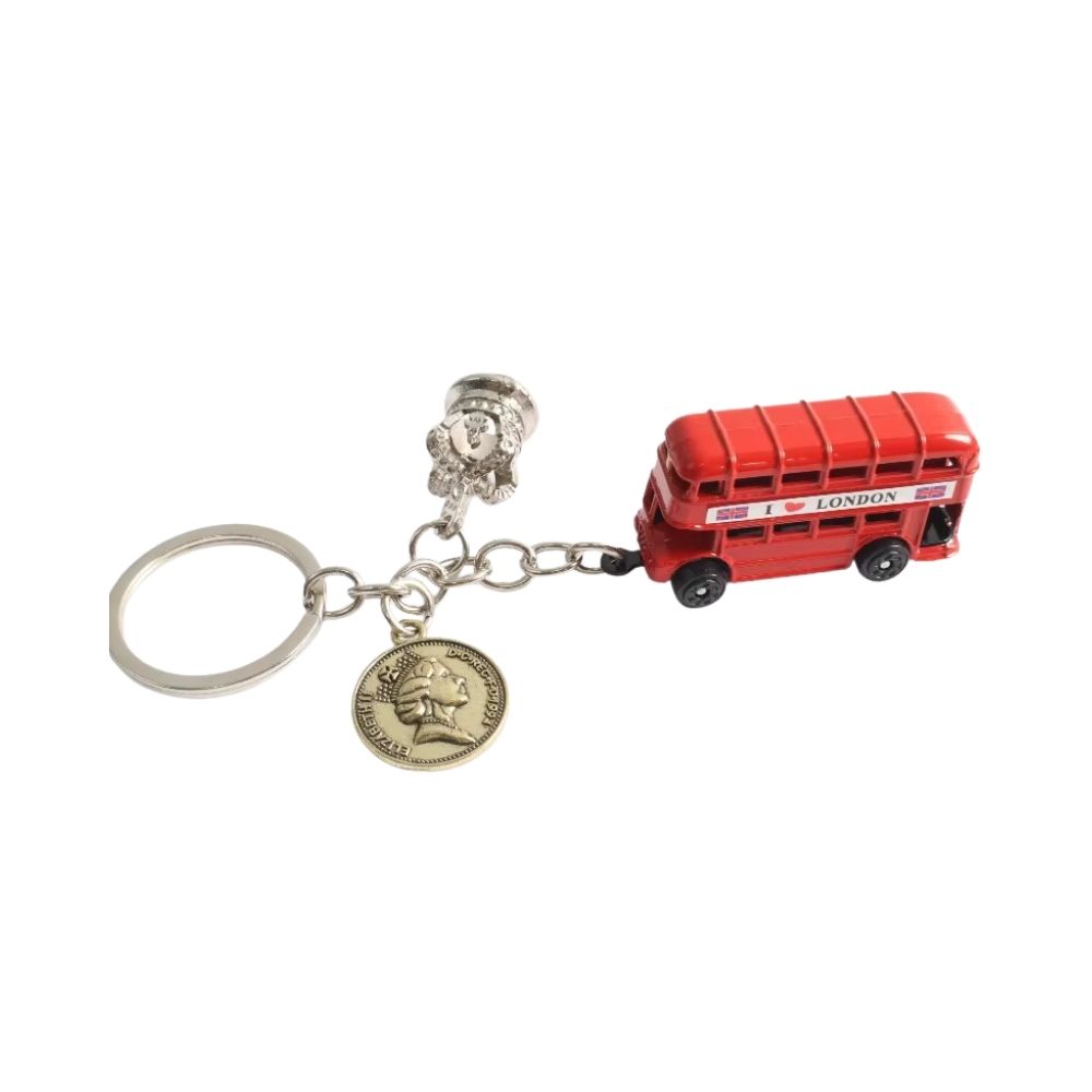Porte-clé bus anglais + pièce de monnaie + buste de la reine